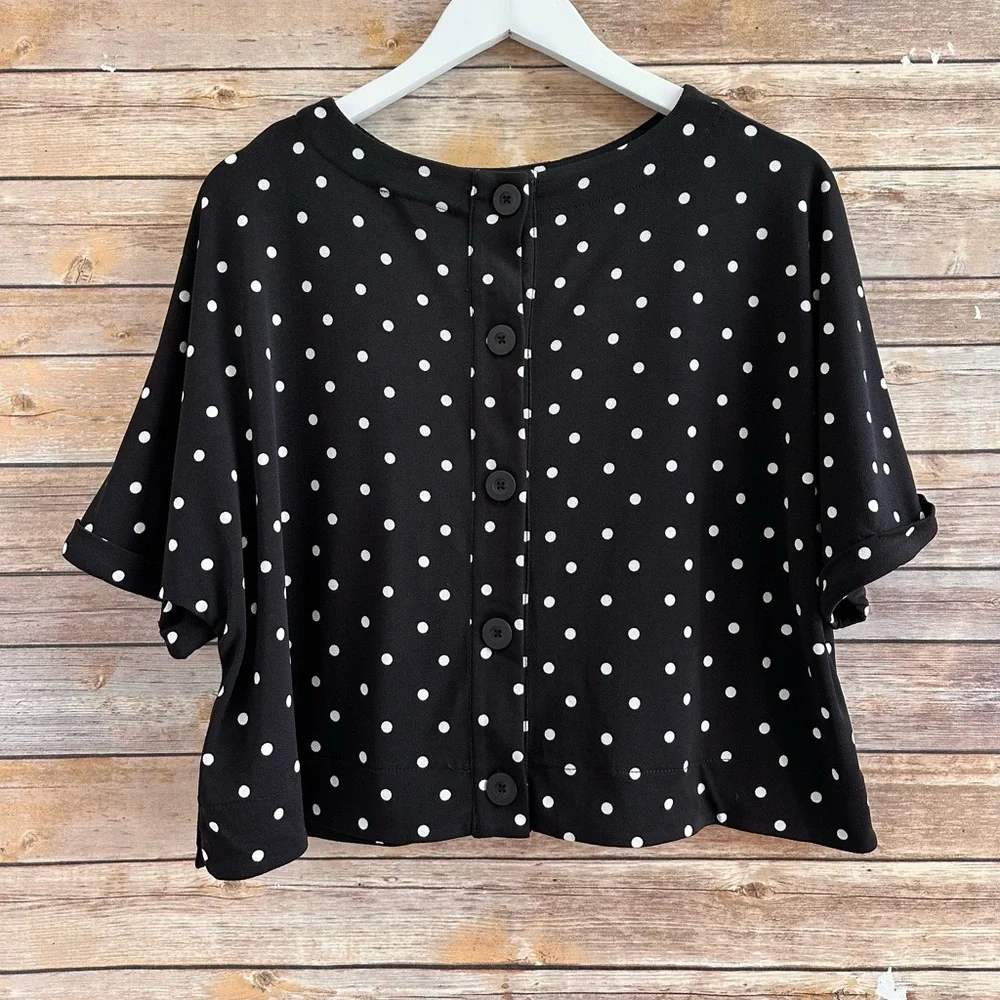 Adrianna Papell Blouse Women’s Size Medium Black Polka Dot Cropped Dolman NWT - Picture 2 of 8